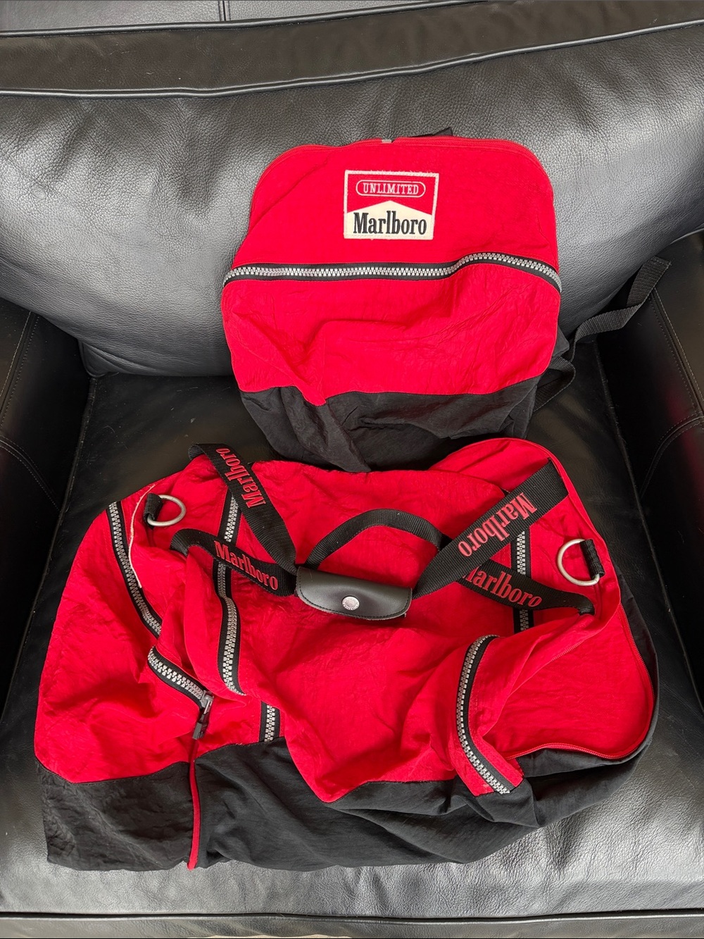 Marlboro Red and Black Logo Nylon Duffel with zip out travel backpack